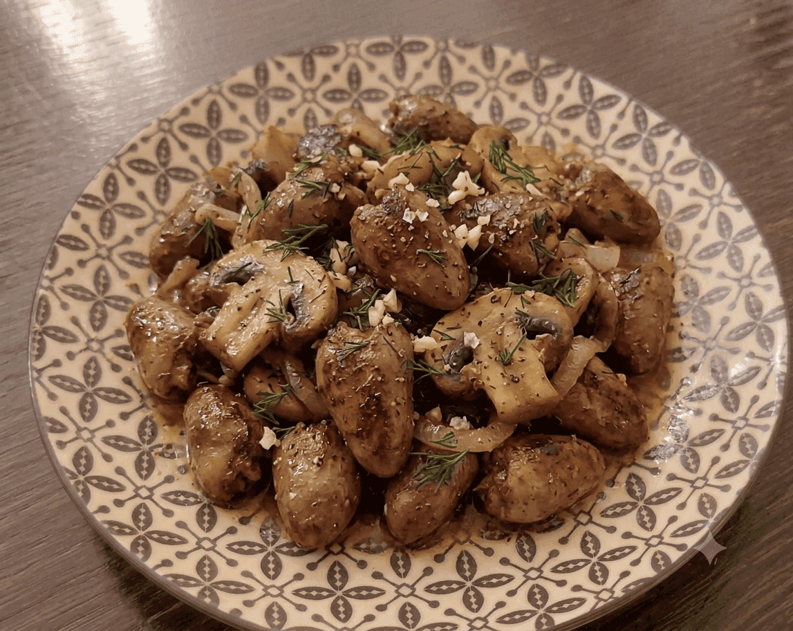 Пилешки сърца с пресни гъби и лук