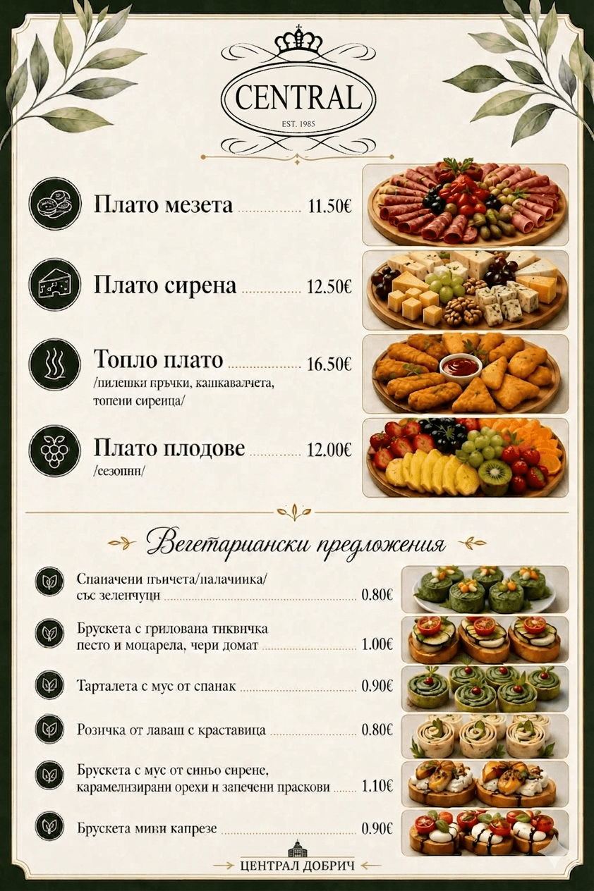 Кетъринг меню — плата мезета, сирена, топло плато, плодове и вегетариански хапки с цени в евро